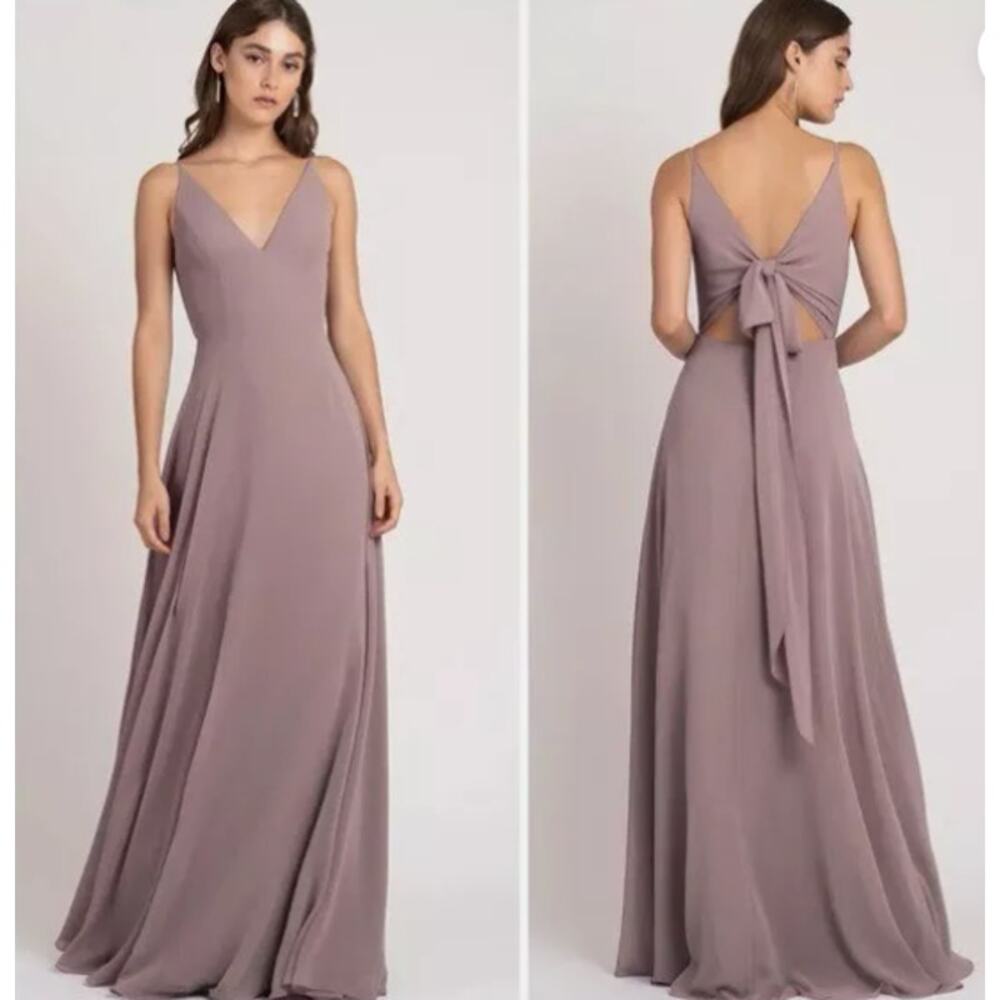 Jenny Yoo Dani Gown 4 Purple Fig Long V-Neck Cut Out Chiffon Bridesmaid Wedding - Picture 2 of 10